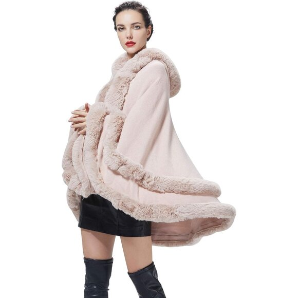 Women Hooded Poncho Cape Faux Fur Shawl Wrap with Fur Trim Sleeveless Cardigan - Picture 2 of 7